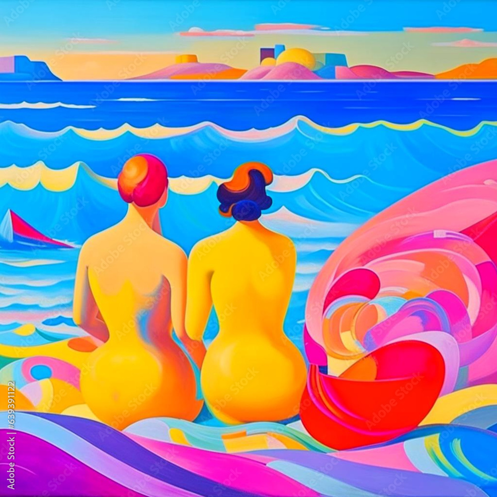 Abstract illustration in the style of an oil painting on canvas depicting three young women sitting on the beach