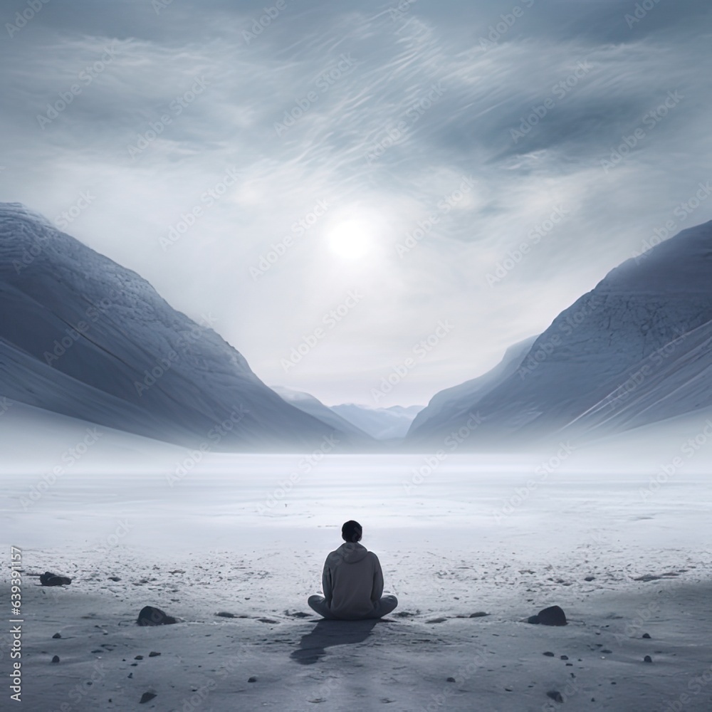 Meditating man against the backdrop of mountains in gray - obrazy, fototapety, plakaty 