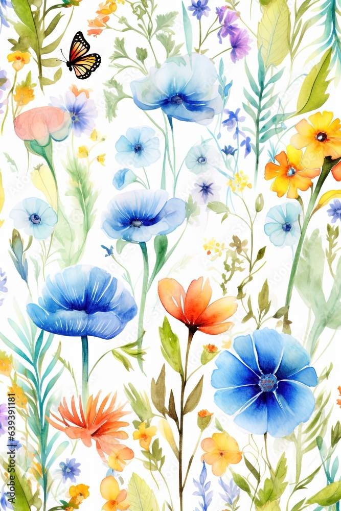 Obraz premium Fleurs, feuilles, plantes et papillons volants multicolores abstraits sans couture. Vecteurs de motif isolés sur fond blanc, illustration panoramique prairie d'été. IA générative, générative, IA.