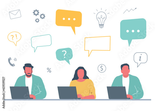 Office workers are working on laptops. Business concept with icons. Young men and woman are sitting at the table on white background. Funky flat style. Vector illustration.