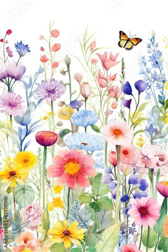 Fleurs, feuilles, plantes et papillons volants multicolores abstraits sans couture. Vecteurs de motif isolés sur fond blanc, illustration panoramique prairie d'été. IA générative, générative, IA.
