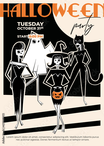 Skeleton ladies set with four characters - lady cat, witch, ghost and monster. Halloween poster in retro style of 60's-70's.