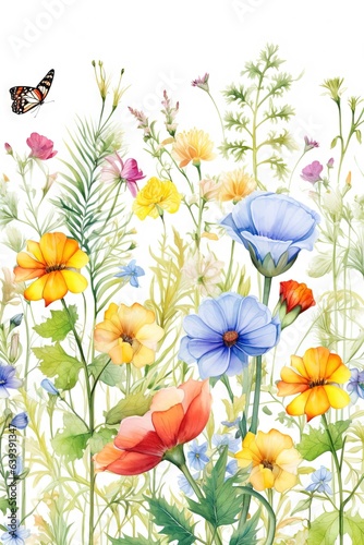 Fleurs, feuilles, plantes et papillons volants multicolores abstraits sans couture. Vecteurs de motif isolés sur fond blanc, illustration panoramique prairie d'été. IA générative, générative, IA. © MiniMaxi