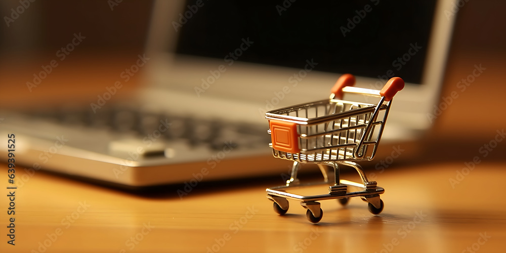 Supermarket cart next to laptop, online shopping concept