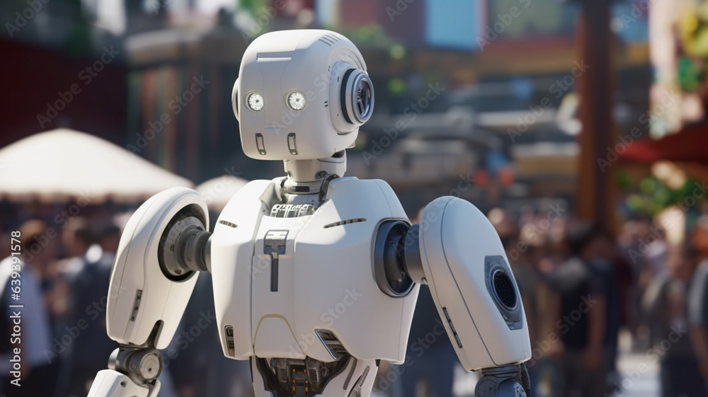 Fototapeta premium a white robot is a service robot is out there to do chores, household robot is on the move, autonomous artificial intelligence or AGI,