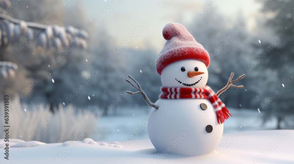 Fototapeta premium A cute snowman with a festive red