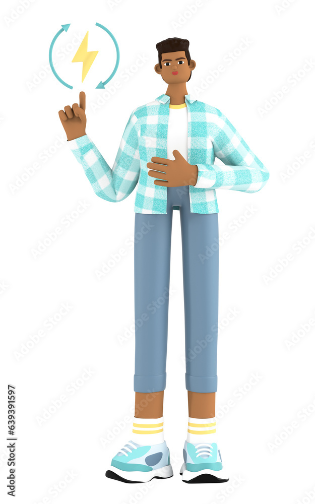 A man admires energy. Symbolizing the power and potential that are present in new technologies. Around it are elements that illustrate ecology and new technologies. 3d render illustration. A man admires energy. Symbolizing the power and potential that are present in new technologies. Around it are elements that illustrate ecology and new technologies. 3d render illustration.