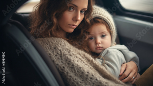 mature adult woman is mother mom of a child girl sitting in modern car crying sad worried or problems travel or impatience or run away and hiding or feeling uncomfortable