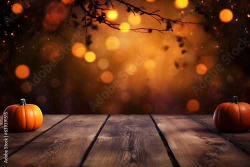 Fototapete Wooden table with pumpkins, with halloween background