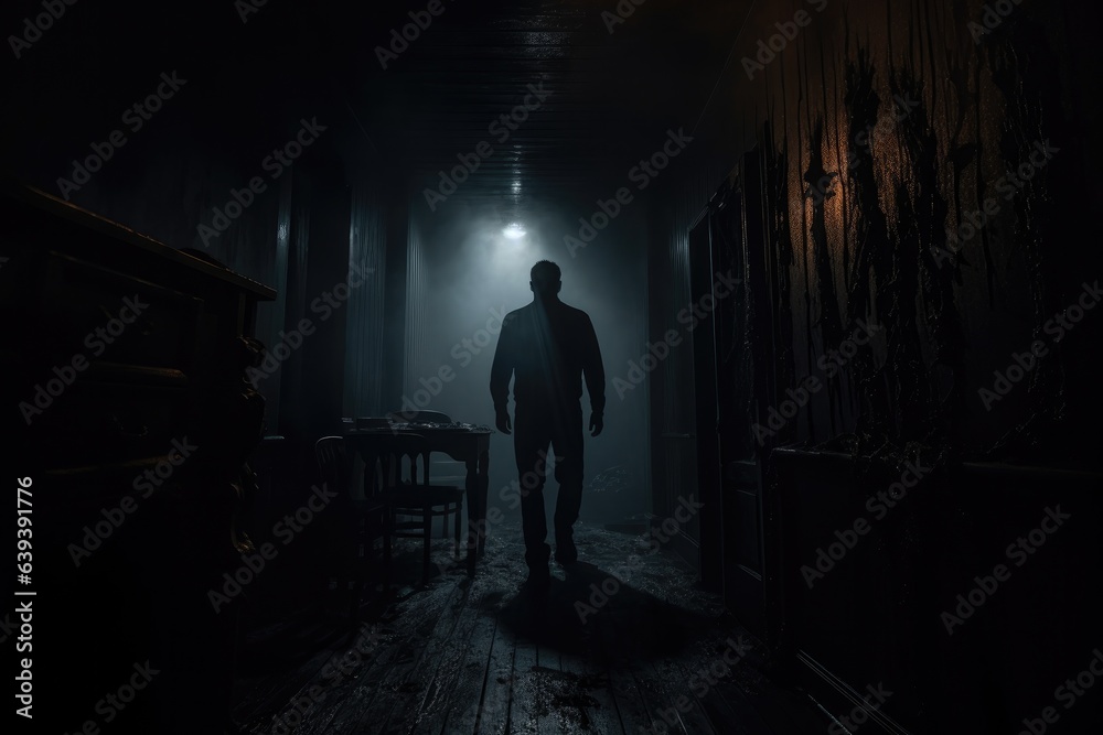 Horrific scene of a dark corridor with a scary silhoutte. Halloween horror. Horrific scene of a dark corridor with a scary silhoutte. Halloween horror.