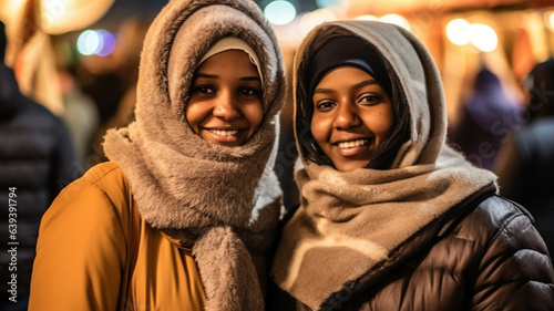 two adult female, african or afro american or fictitious, wear winter hat and thick winter jacket, joyful happy smile, on vacation in the crowd in a big city