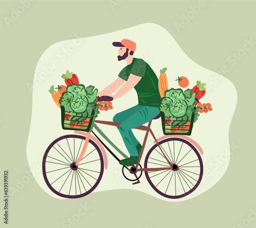 Grocery acquisition, Courier on bike delivers fresh vegetables and fruits from a supermarket. Green logistics. Ecological fast delivery home and office. Vector illustration.