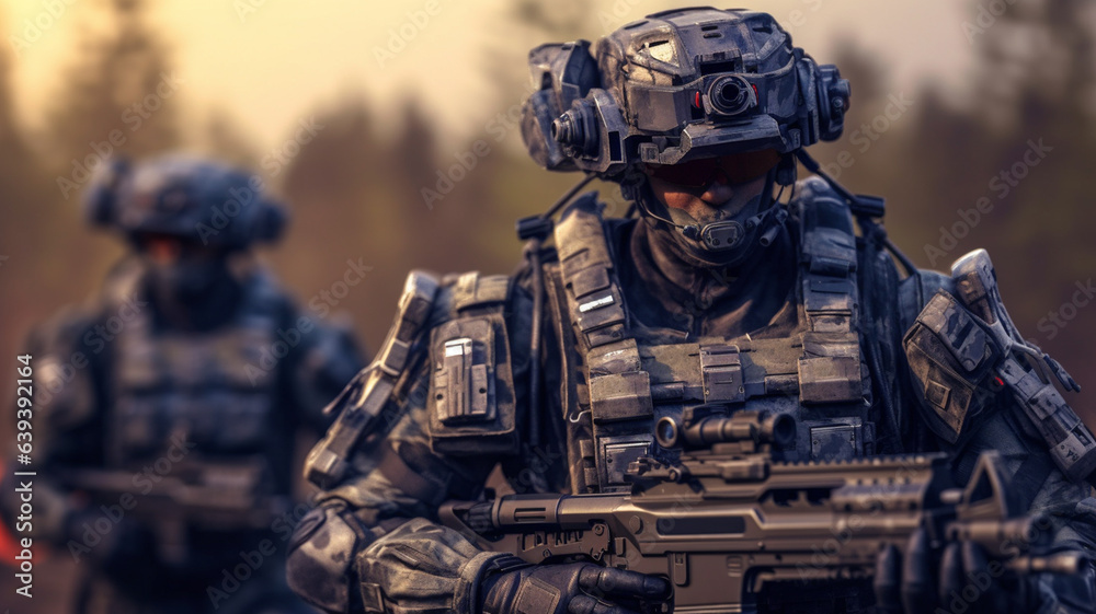 a man is a soldier in combat gear, combat suit with technological support or as a transhumaism robot with artificial intelligence a man is a soldier in combat gear, combat suit with technological support or as a transhumaism robot with artificial intelligence