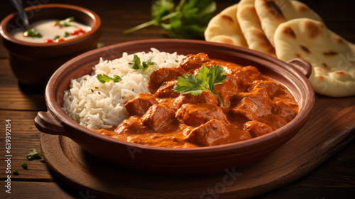 Hot spicy chicken tikka masala in bowl. Chicken curry with rice, indian naan butter bread, spices, herbs. Traditional Indian/British dish, popular indian curry in UK