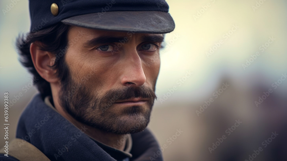 abstract, american civil war battlefield, young adult man with serious expression on face, sadness anger and hate, fear and despair, in war as a soldier, fictional location