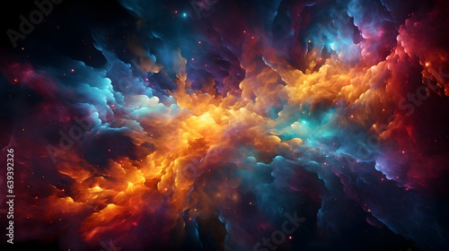 Swirling  colorful cloud of gas and dust. The cloud is primarily orange and red  with blue and purple colors mixed in. The background is black  adding contrast to the cloud. The colors are bright  alm