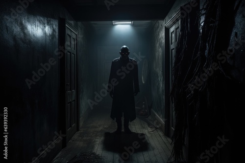 scary silhouette in corridor of an abandoned house. halloween theme.