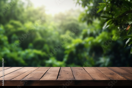 Empty wooden deck table on the green forest background. Blurred nature backdrop for mockup and promotion design.