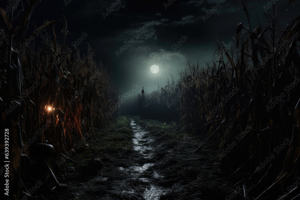 cinematic scene of a spooky cornfield by night. cinematic scene of a spooky cornfield by night.