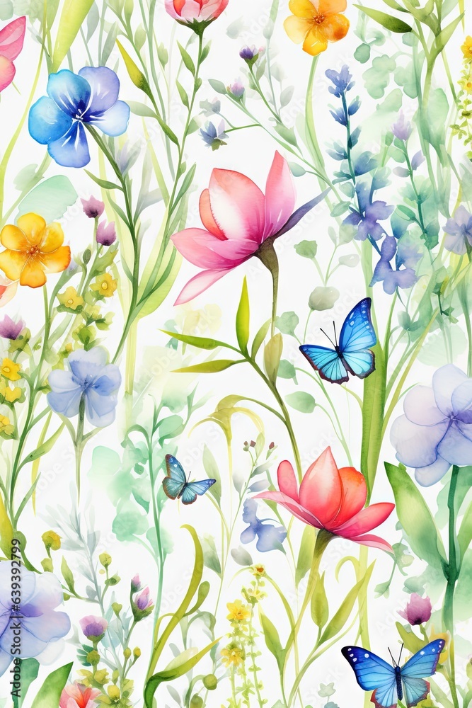 Obraz premium Fleurs, feuilles, plantes et papillons volants multicolores abstraits sans couture. Vecteurs de motif isolés sur fond blanc, illustration panoramique prairie d'été. IA générative, générative, IA.