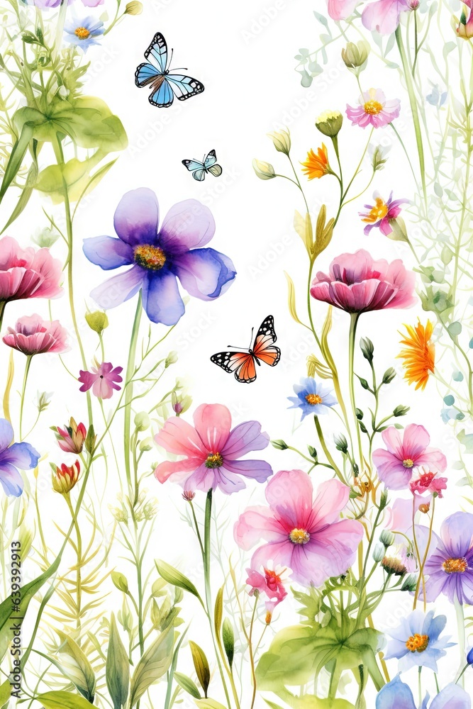 Obraz premium Fleurs, feuilles, plantes et papillons volants multicolores abstraits sans couture. Vecteurs de motif isolés sur fond blanc, illustration panoramique prairie d'été. IA générative, générative, IA.