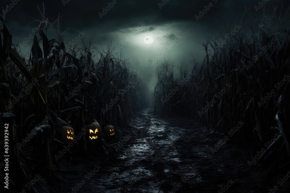 Fototapeta premium spooky scene of a empty corn field by night. Halloween background. 