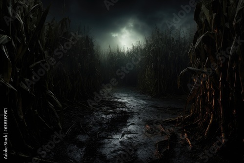 spooky scene of a empty corn field by night. Halloween background. 