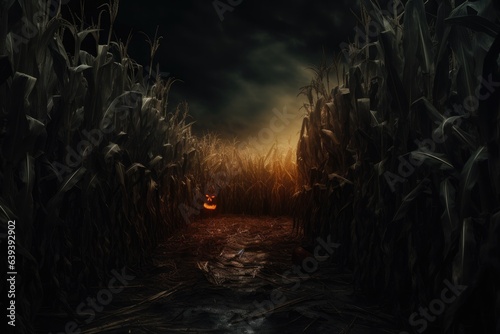 spooky scene of a empty corn field by night. Halloween background. 