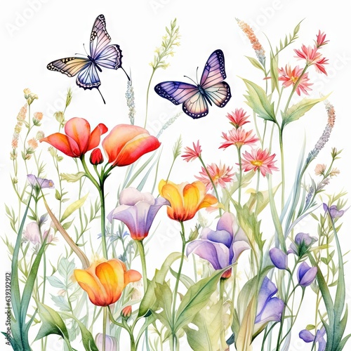 Fleurs, feuilles, plantes et papillons volants multicolores abstraits sans couture. Vecteurs de motif isolés sur fond blanc, illustration panoramique prairie d'été. IA générative, générative, IA. © MiniMaxi