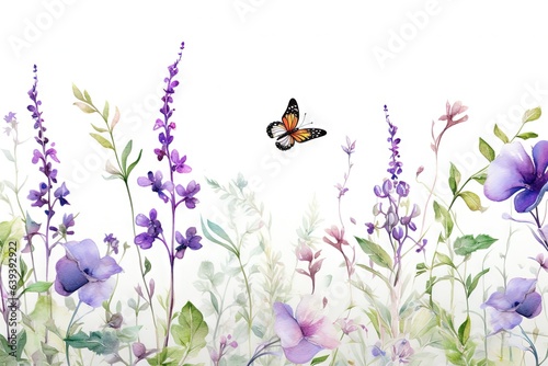 Fleurs  feuilles  plantes et papillons volants multicolores abstraits sans couture. Vecteurs de motif isol  s sur fond blanc  illustration panoramique prairie d   t  . IA g  n  rative  g  n  rative  IA.