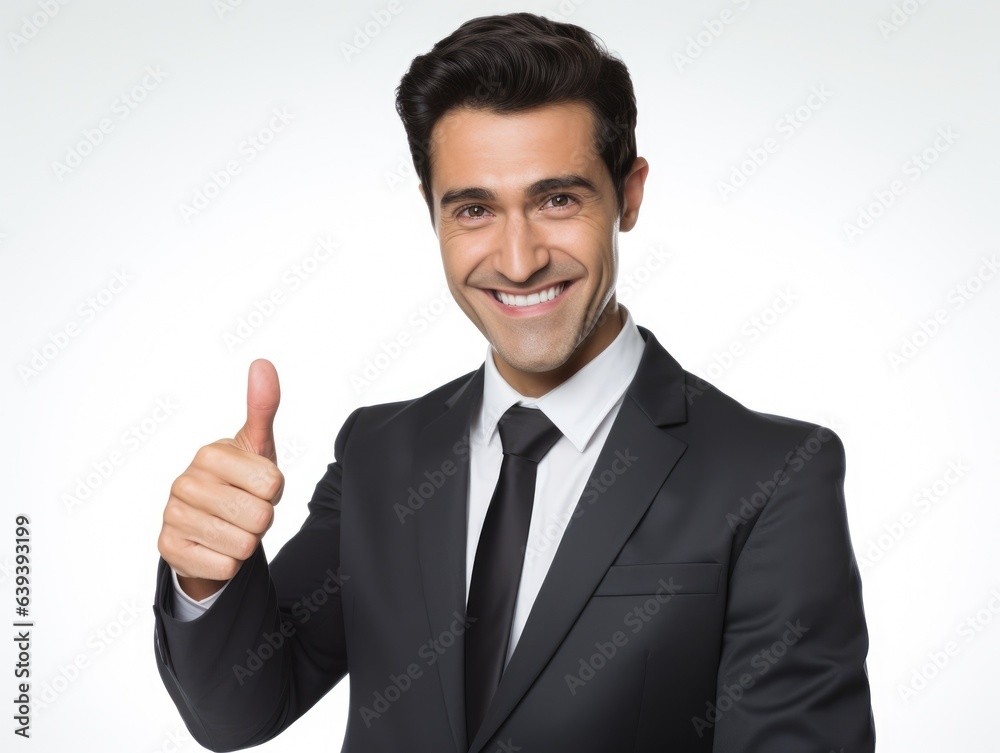Hispanic business man stretching hand at camera in thumbs up greeting gesture, light blue background Hispanic business man stretching hand at camera in thumbs up greeting gesture, light blue background