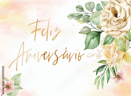 cartão ou banner para desejar feliz aniversário em ouro sobre um fundo gradiente que varia de branco a bege e em torno de flores bege e rosa