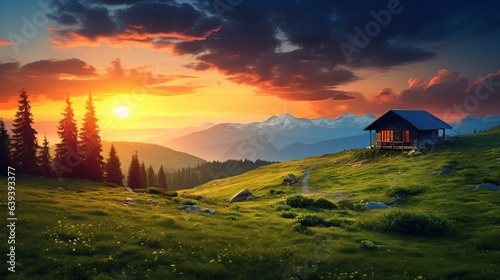  a cabin on a grassy hill with a sunset in the background.  generative ai