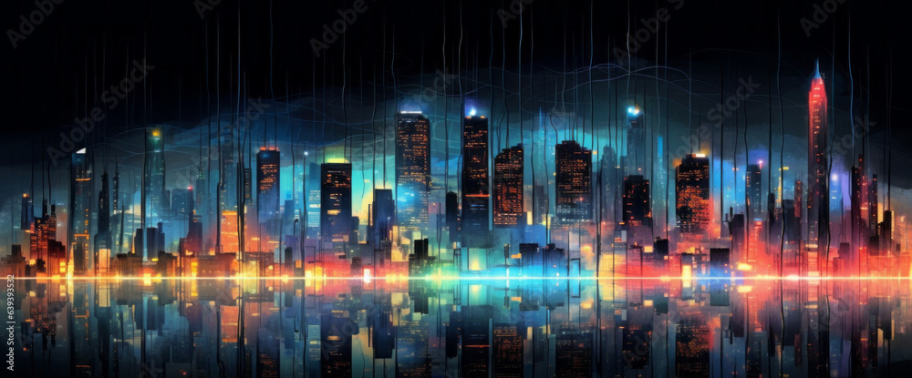 Futuristic digital cityscape at night. Concept of future, technology and virtual world. Generative AI.