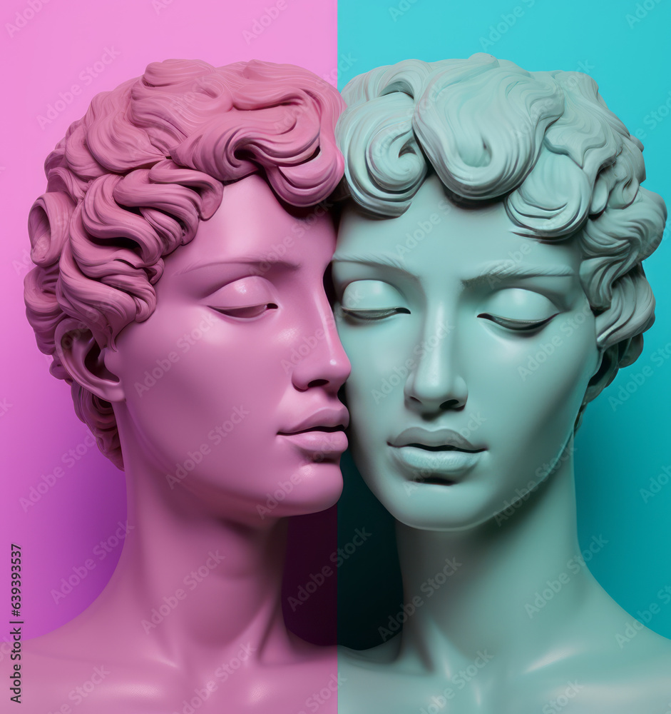 Emotional composition of two female antique statues kissing. Concept of PRIDE, same-sex love and tolerance. Generative AI.