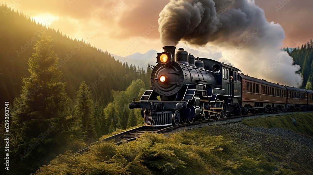 Obraz premium a train traveling through a lush green forest filled with trees. generative ai