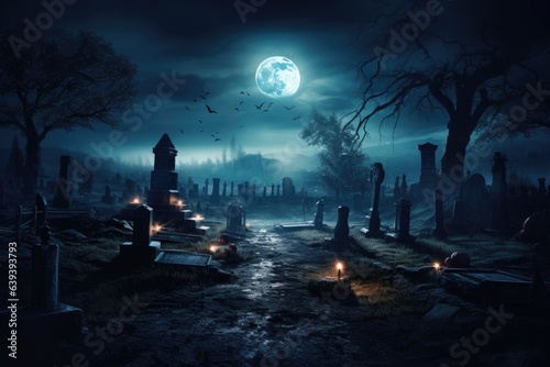cinematic scene of a spooky graveyard by fullmoon. halloween theme.