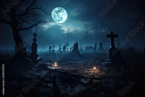 spooky halloween scene of a graveyard during fullmoon. 
