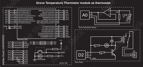 Vector schematic diagram of an electronic device on the arduino.
Grove temperature thermistor module as thermostat. 
Grove thermostat using temperature sensor and relay modules photo