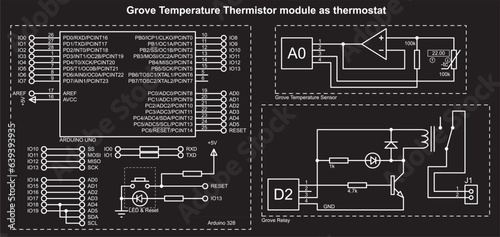 Vector schematic diagram of an electronic device on the arduino.
Grove temperature thermistor module as thermostat. 
Grove thermostat using temperature sensor and relay modules