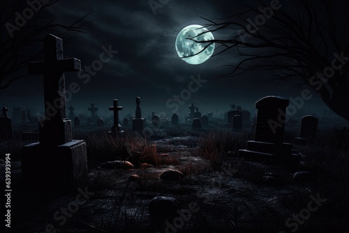 spooky halloween scene of a graveyard during fullmoon. © CreativeCreations