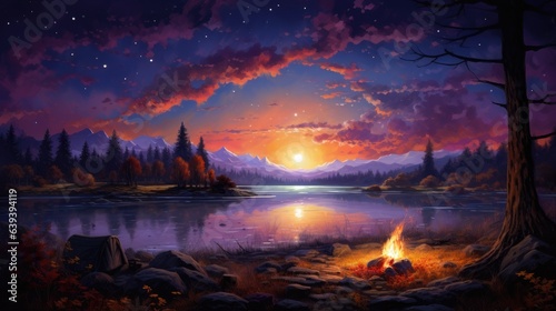 Starry Autumn Bonfire: A Surreal Tapestry of Vibrant Hues Ignites the Night, Transforming the Landscape into an Enchanting Dream