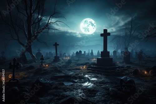 spooky halloween scene of a graveyard during fullmoon. 