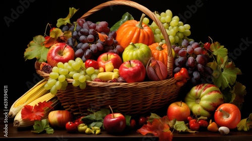 Bountiful Autumn Harvest  A Vibrant Basket Overflowing with Colorful Fruits and Vegetables  Illuminated by Warm and Gentle Lighting