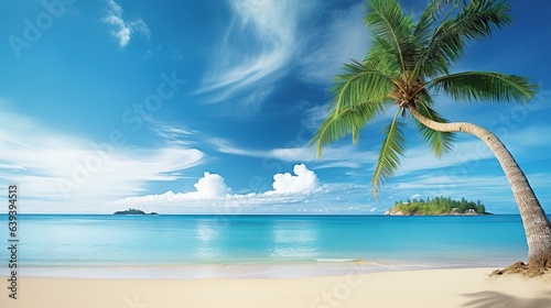  a palm tree on a beach with a blue sky and ocean in the background.  generative ai © Anna