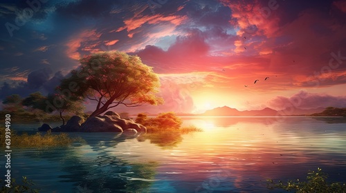  a painting of a sunset over a lake with a tree. generative ai