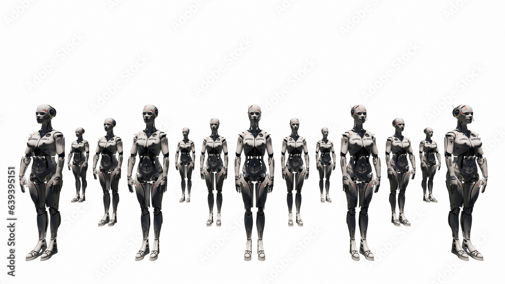 Group of AI smart futuristic humanoid cyborg robots standing in a row on red background. 3D rendering illustration, 4.0 industry, M2M computer aided manufacturing Group of AI smart futuristic humanoid cyborg robots standing in a row on red background. 3D rendering illustration, 4.0 industry, M2M computer aided manufacturing