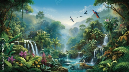  a painting of a tropical scene with birds flying over a waterfall.  generative ai