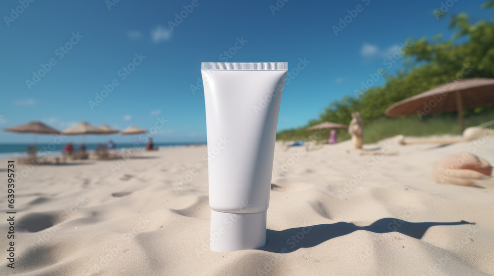 A tube of sunscreen on a sandy