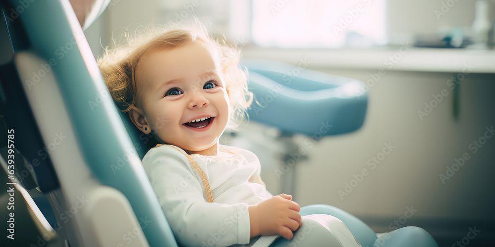 Smiling baby lying in dentist chair exposing white teeth. Creative banner with happy baby for pediatric dentistry. Smiling baby lying in dentist chair exposing white teeth. Creative banner with happy baby for pediatric dentistry.